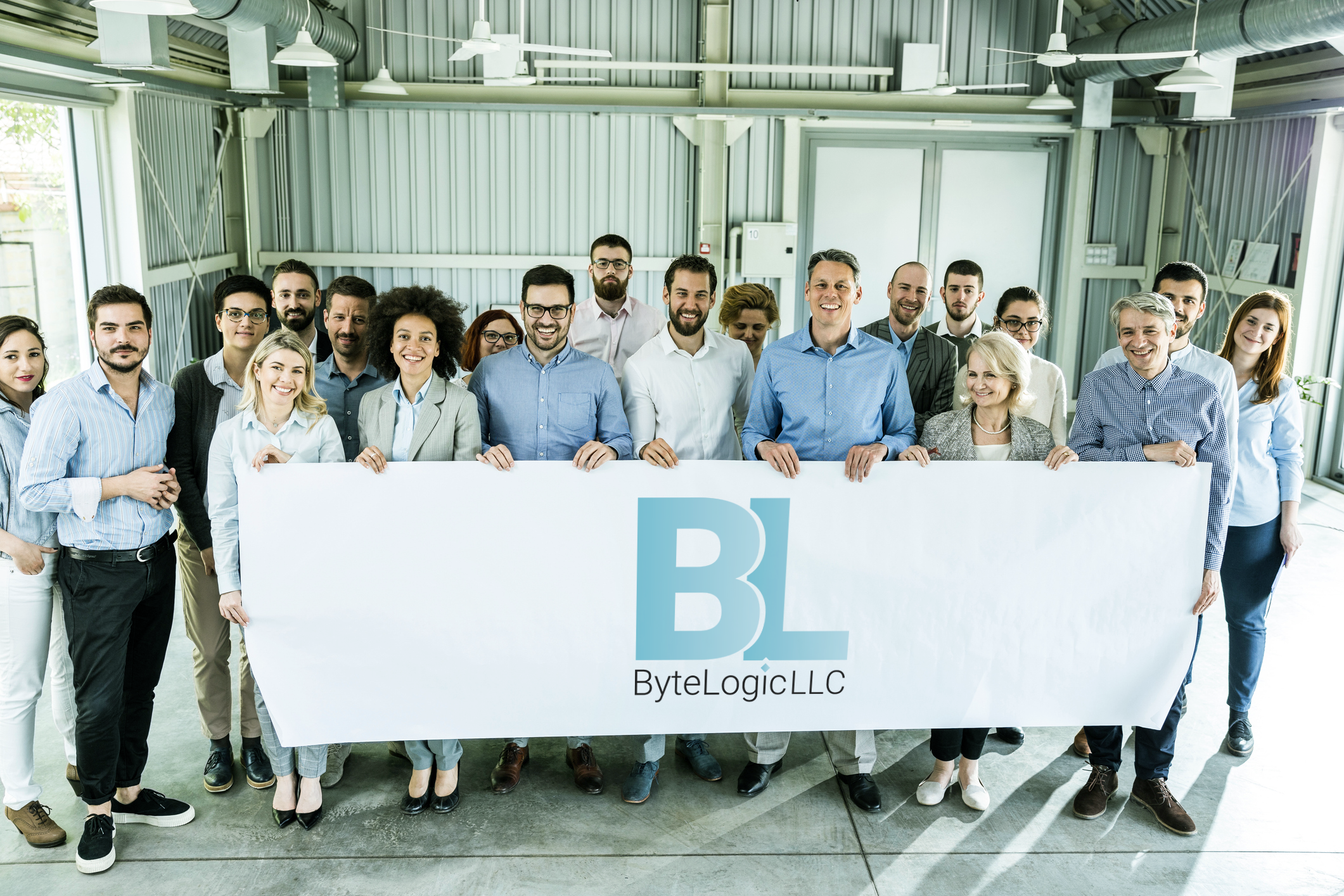 Group photo with banner of Bytelogic